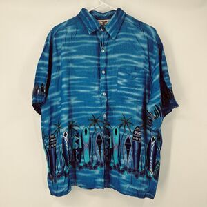 VTG Mens Paradise Gold Hawaiian Shirt XL Blue Surfboards Aloha Beach Cruise
